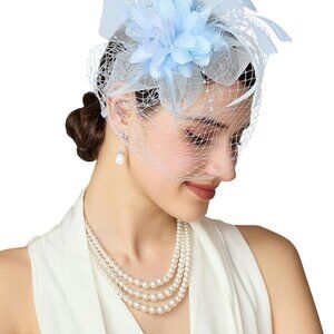 Women Fascinators Hat Light Blue Mesh Feathers Veil Derby Tea Party